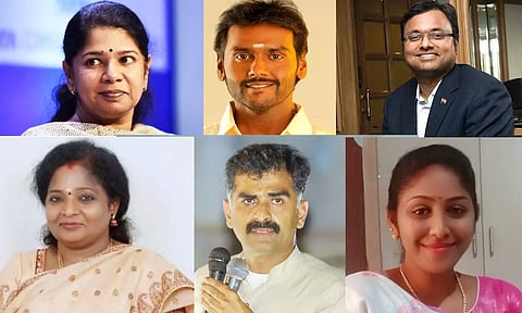 Top (L-R) Kanimozhi Karunanidhi, Vijaya Prabhakar, Karti Chidambaram, Tamilisai Soundararajan, Durai Vaiko, Vidhya Rani