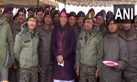 Defence Minister Rajnath Singh celebrates Holi with soldiers in Leh (ANI)