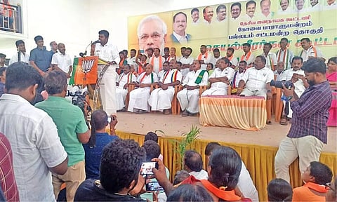 K Annamalai addressing party cadre in Palladam on Tuesday