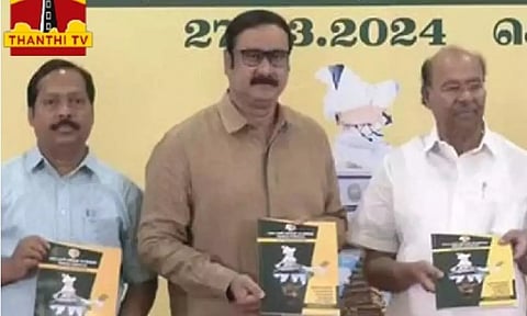 PMK founder Ramadoss, President Anbumani Ramadoss release election manifesto (Thanthi TV screengrab)&nbsp;