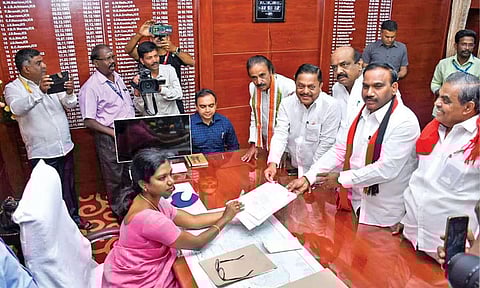 DMK leader A Raja filing his nomination to contest from The Nilgiris constituency on Wednesday