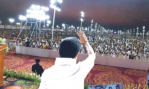 DMK president and Chief Minister MK Stalin waving at the gathering at Dharmapuri public meeting