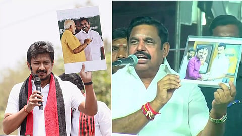 (L to R) Udhayanidhi showing a photo of EPS and PM Modi; Edappadi shows a photo of CM Stalin and Jaffer Sadiq