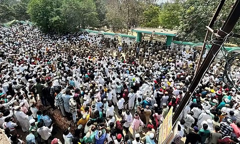 Crowd during the funeral of the gangster-turned-politician Mukhtar Ansari at Mohammadabad, in Ghazipur district, Saturday, March 30, 2024 (PTI)