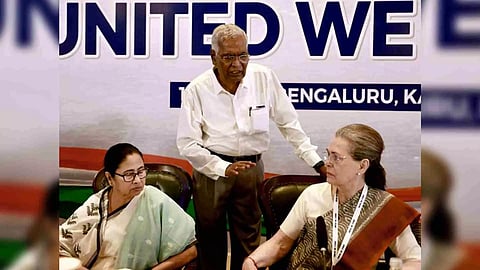 West Bengal Chief Minister Mamata Banerjee with Congress leader Sonia Gandhi and CPI (M) leader D Raja (Photo/ANI)
