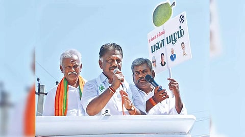 O Panneerselvam canvassing votes as independent candidate with BJP backing in Rameswaram on Monday