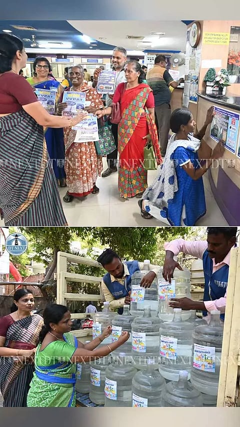 In order to create awareness, the Election Commission conducts a campaign by sending messages to voters door-to-door with stickers on bubble-top water cans.