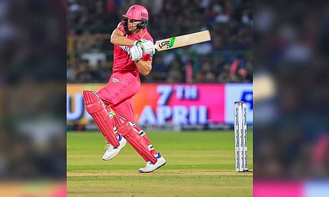 Jos Buttler plays a shot during the match (PTI)