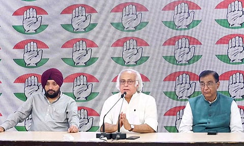 Congress leaders Jairam Ramesh, Arvinder Singh Lovely and Deepak Babaria during a press conference (PTI)