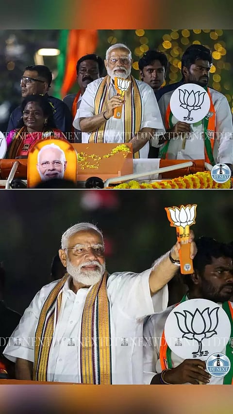 PM Modi at road show along Annamalai, Tamilisai Soundararajan