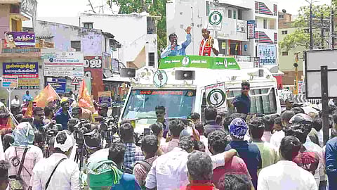 NTK leader Seeman campaigning in Erode on Tuesday