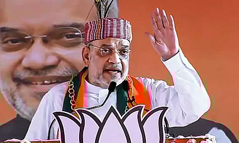 Amit Shah during a public meeting ahead of Lok Sabha elections in Mandla. (PTI)