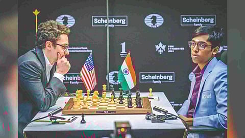 R Praggnanandhaa during Round 7 match against Fabiano Caruana