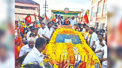 Union Minister Nirmala Sitaraman campaigning in Thanjavur for BJP candidate Karuppu M Muruganandam on Friday