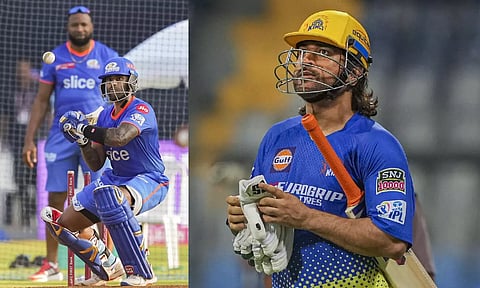 Suryakumar Yadav in action during the practice session; MS Dhoni goes out to bat at a training session