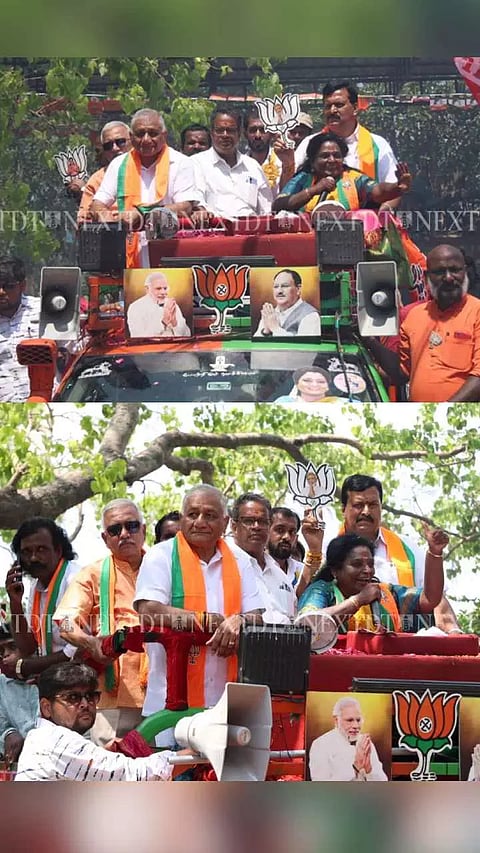 Central Minister V.K Singh joined BJP candidate Tamilisai Soundararajan during her election campaign at Thoraipakkam for the upcoming Lok Sabha Polls.