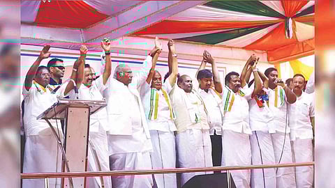 Congress president Mallikarjun Kharge with party leaders during a public rally ahead of Lok Sabha polls in Puducherry on Monday