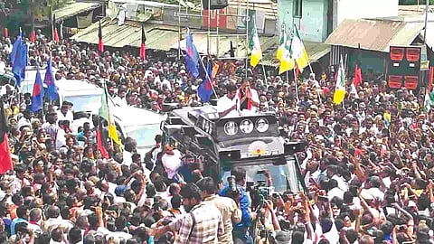 Minister Udhayanidhi Stalin addressing voters in Erode on Tuesday