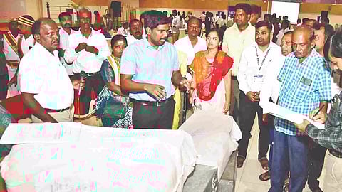 Tiruchy Collector and Returning Officer Pradeep Kumar overseeing the sorting operations in Tiruchy on Wednesday