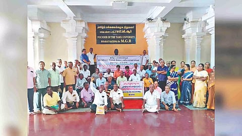 Over 100 pensioners staged a protest in Thanjavur Tamil University on Wednesday