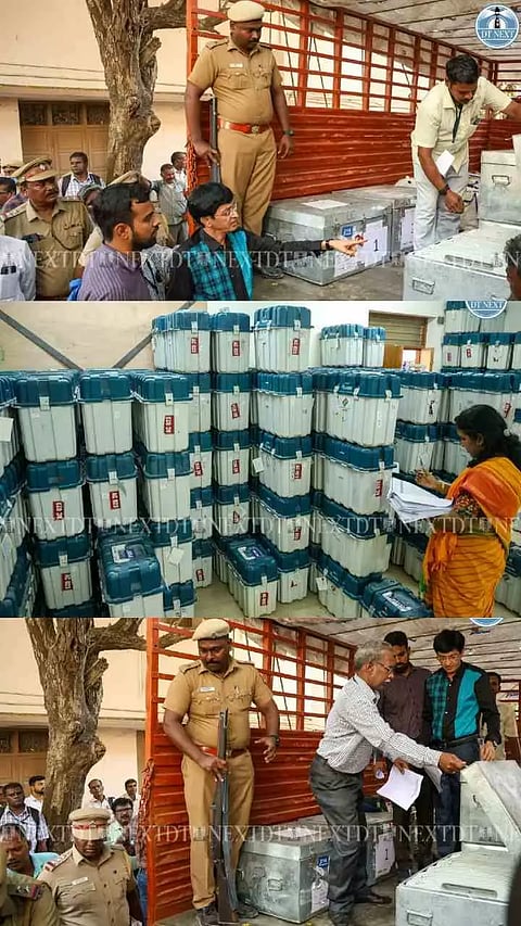 DEO Radhakrishnan checks the EVM machines before being dispatched to Polling booths at Nandanam.