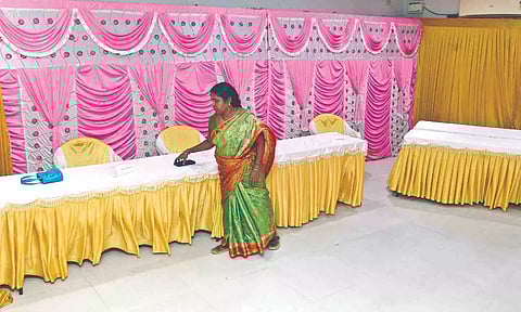 EC officials readying an all women pink booth in Chennai on Thursday