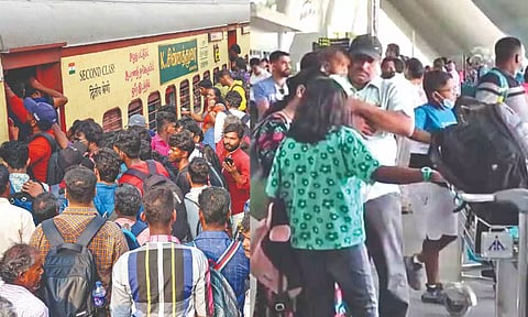 Mad rush at Tambaram railway station to board the special operated in view of polls and Flyers thronging airport in Chennai on Thursday