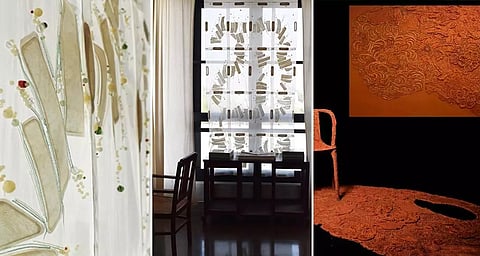 L to R: Modular embroidery- curtain &amp; wall devider,  Modular embroidery- glass &amp; parchemin, Pompei-chair and carpet