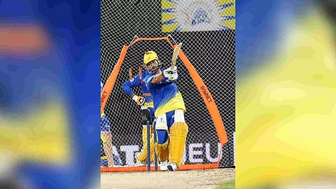 MS Dhoni hits a shot in the nets during practice session ahead of match against LSG (Photo: Manivasagan N)