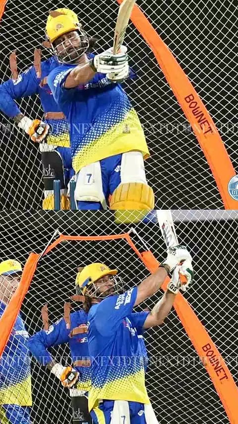 MS Dhoni captured during an intense practice session ahead of the tomorrow's match in which the team is set to faceoff Lucknow at Chepauk