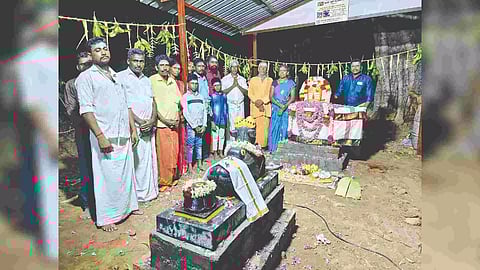 Villagers set up a makeshift temple for the Sivalingam&nbsp;