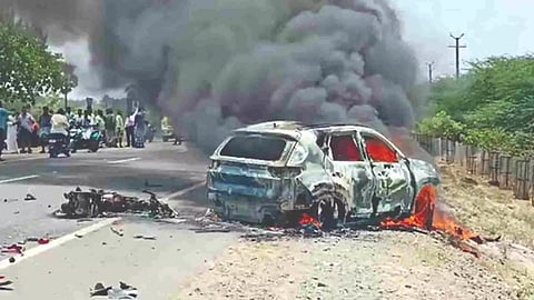 Car up in flames after the accident in Ariyalur