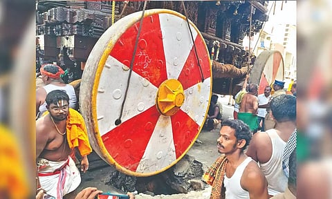 Temple car being pulled out from a pit in Kumbakonam on Tuesday