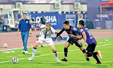 Action during Odisha FC and Mohun Bagan Super Giant in the semi-final first leg