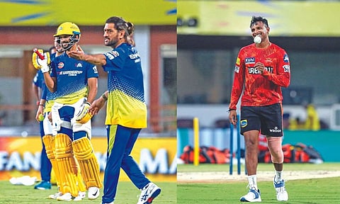 CSK captain Ruturaj Gaikwad and MS Dhoni,&nbsp; SRH’s T Natarajan at a training session