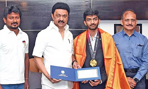 Chief Minister MK Stalin honours GM Gukesh D for winning the FIDE candidates series in Chennai on Sunday