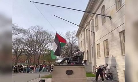 Harvard students protesting against israel raised Palestinian flag over John Harvard Statue (ANI)