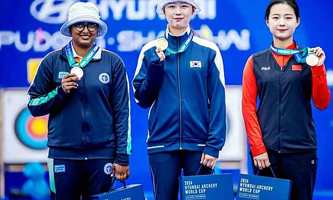 Former world No. 1 Deepika Kumari after winning silver medal in women's recurve individual event of Archery World Cup Stage 1, in Shanghai. (PTI)