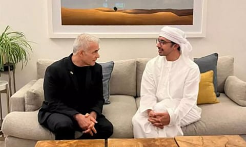 UAE Foreign Minister Sheikh Abdullah bin Zayed and Israeli leader of opposition, Yair Lapid.(ANI)