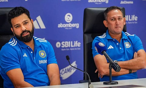 Indian cricket captain Rohit Sharma and BCCI Chief selector Ajit Agarkar address a press conference in Mumbai (PTI)