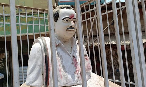The defaced Anna statue in Tiruchy