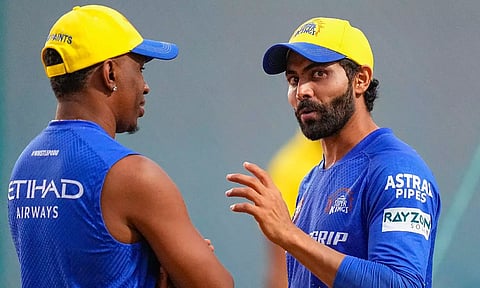 Ravindra Jadeja with CSK's Bowling Coach Dwayne Bravo during a practice session (PTI)