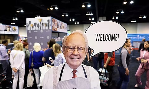 A cutout picture of Berkshire Hathaway Chairman Warren Buffett welcomes shareholders to shop at the Pampered Chef booth at the Berkshire Hathaway Inc annual shareholders' meeting in Omaha(Reuters)