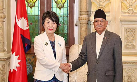 Japanese Foreign Minister Kamikawa Yoko with Prime Minister of Nepal, Pushpa Kamal Dahal(ANI)
