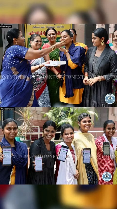 Students celebrate their class 12 state board results with their teachers at Govt Girls High School, Ashok Nagar.