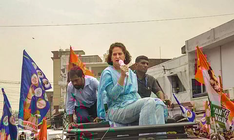 Congress leader Priyanka Gandhi during a roadshow for Lok Sabha elections, in Rae Bareli (PTI)