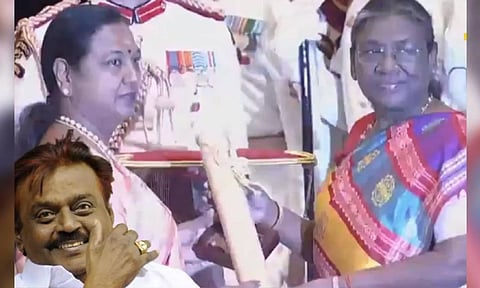 Premalatha Vijayakanth receiving Padma awards on behalf of Late Captain Vijayakanth&nbsp;