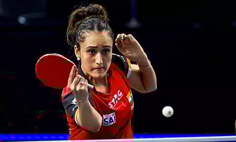 Indian paddler Manika Batra in action during the World Table Tennis (WTT) Star Contender Goa 2024 (PTI)