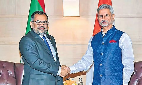 External Affairs Minister S Jaishankar with Maldives Foreign Minister Moosa Zameer (PTI)