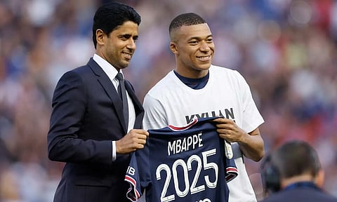 Paris St Germain's Kylian Mbappe(R) &amp; Paris St Germain president Nasser Al-Khelaifi (L)(Image:Reuters)